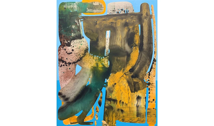 abstract work on canvas with green, yellow, pink, and brown areas on a light blue background